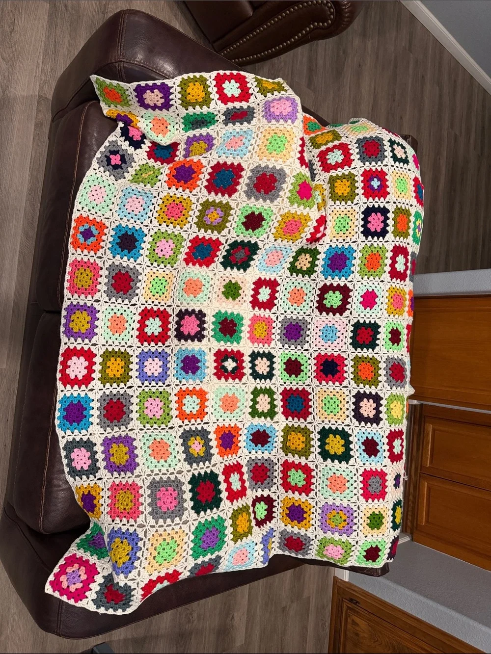 Handmade Multicolor Granny Square Crochet Throw Blanket - White Edging